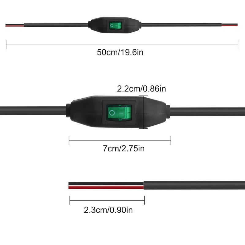 XMSJSIY Inline Cord Switch 12V 24V/3A Toggle ON/Off Rocker Button Switch with Prewire on Both End Green LED for Lamp- 0.5M/1.6FT -2PCS - Image 2